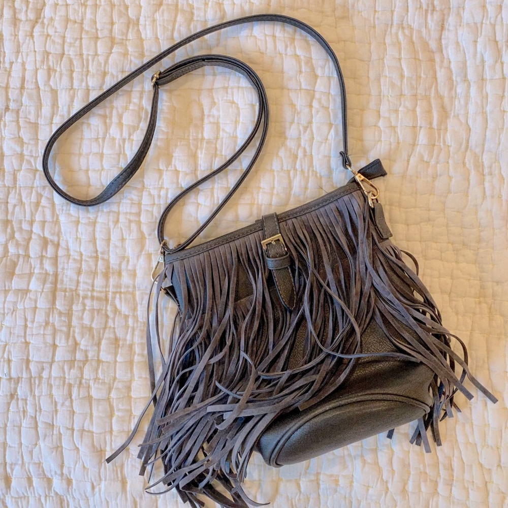Gray Fringe Crossbody Purse